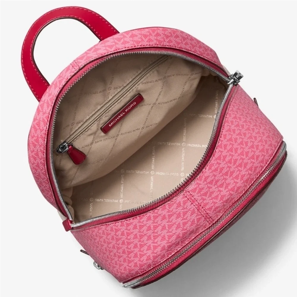 Michael Kors Rhea Medium Color-Block Signature Logo Backpack Dark Rasberry Multi